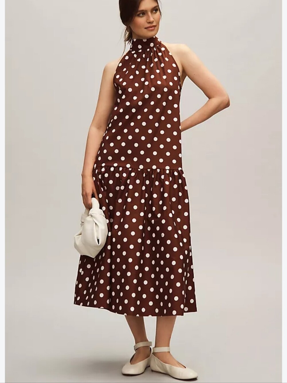 NWT Anthropologie Halter Drop Waist Midi Dress Brown & White Polka Dot Small